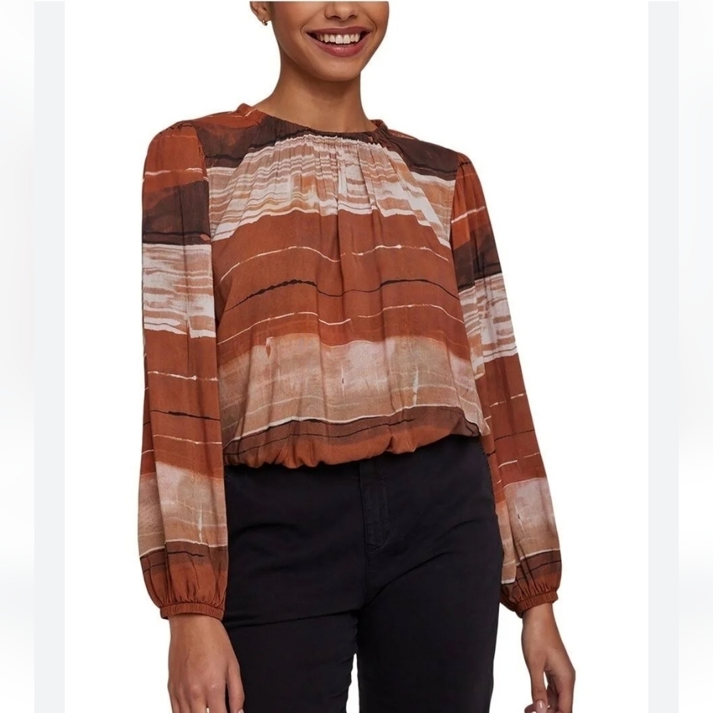 Bella Dahl Elastic Shirred Top In Rust Stripes Print Size Medium